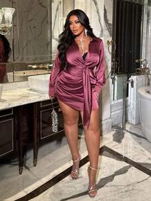 NU&NOW V领腰带长袖大码连衣裙，优雅性感 - 中紫紅色 - 查看 4