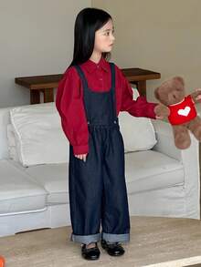 DAZY 年轻女孩休闲水洗宽松牛仔背带裤秋冬 - 藍色 - 查看 4