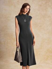 House of One Mock Neck Cap Sleeve Fit And Flared Knit Dress Women Summer Autumn Casual Midi Dress