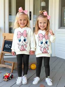 SHEIN Ensemble Sweat-shirt à capuche et pantalon à motif de dessin animé mignon pour bébé fille, idéal pour le port casual, quotidien et scolaire en automne et hiver. Manches longues chauds et confortables, parfait pour le port casual, quotidien et scolaire en automne et hiver - Blanc - Voir 9