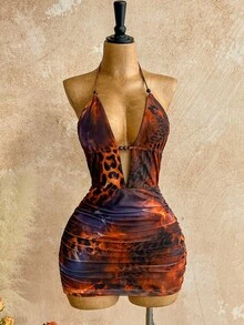 Soleia 女士性感深 V 吊带结露背褶饰紧身迷你连衣裙，适合节日、派对、圣诞节、约会、夜总会、海滩、游轮、下午茶、波西米亚风、波西米亚风、浪漫花卉、度假 - 彩色 - 查看 4