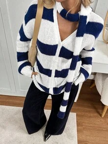 Easowa Women's Casual Striped Knit Sweater, Minimalist And Fashion For Daily Wear V-Neck Button Front Lantern Sleeve Striped Loose Knit Sweater Top, Casual & Commuting Style For Women Winter For Women Winter For Women Blue And White Striped Cardigan Blue And White Sweater Women Striped Cardigan Sweater Women Blue Cardigan Scarf Sweater