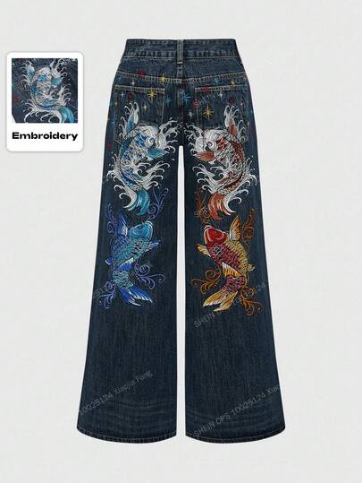 J-Fashion Unisex Retro Hip Hop Subculture Carp Floral Embroidery Loose Wide-Leg Low Waist Jeans