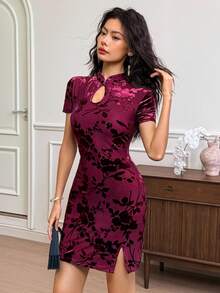 EastFlair Women's Elegant Floral Flocked Bodycon Mini Dress, Summer Velvet Cheongsam Dress For Wedding Guest   , Wedding Guest Dress Elegant  Wedding Guest Dress Women   Fall Clothes For Women  Christmas Women's Clothing