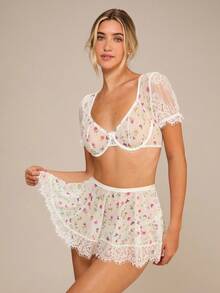 Enchnt Floral Underwire Puff Sleeve Lace Patchwork Top + Thong + Skirt 3pcs Set Bridallingerie - White - View 3