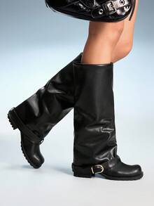 CUCCOO GRLICON Women's Shark Boots With Leather Belt Decor, Square Toe Thick Sole Mid-Calf Boots, Suitable For Halloween, Christmas, New Year, Date Night, Autumn/Winter - Black - View 3