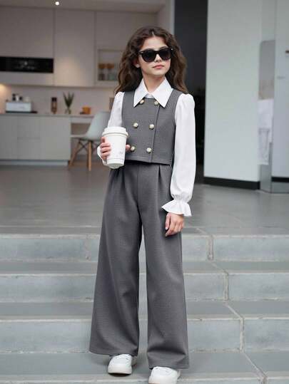 SHEIN Ensemble de 3 pièces pour jeune fille : chemise à manches évasées avec col + gilet cardigan + pantalon