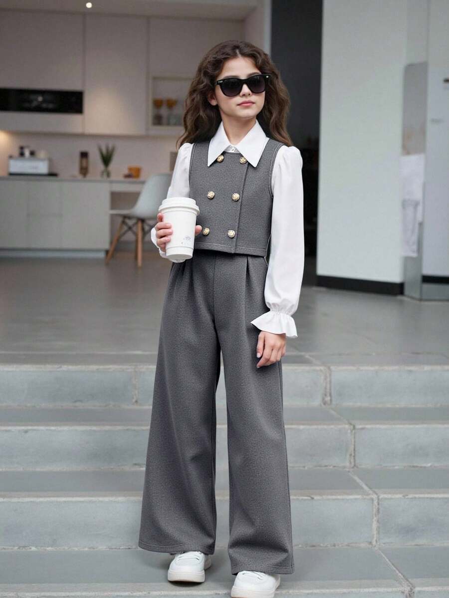 SHEIN 青少年女孩喇叭袖领衬衫 + 开衫背心 + 裤子 3 件套服装 - 灰色 - 查看 1