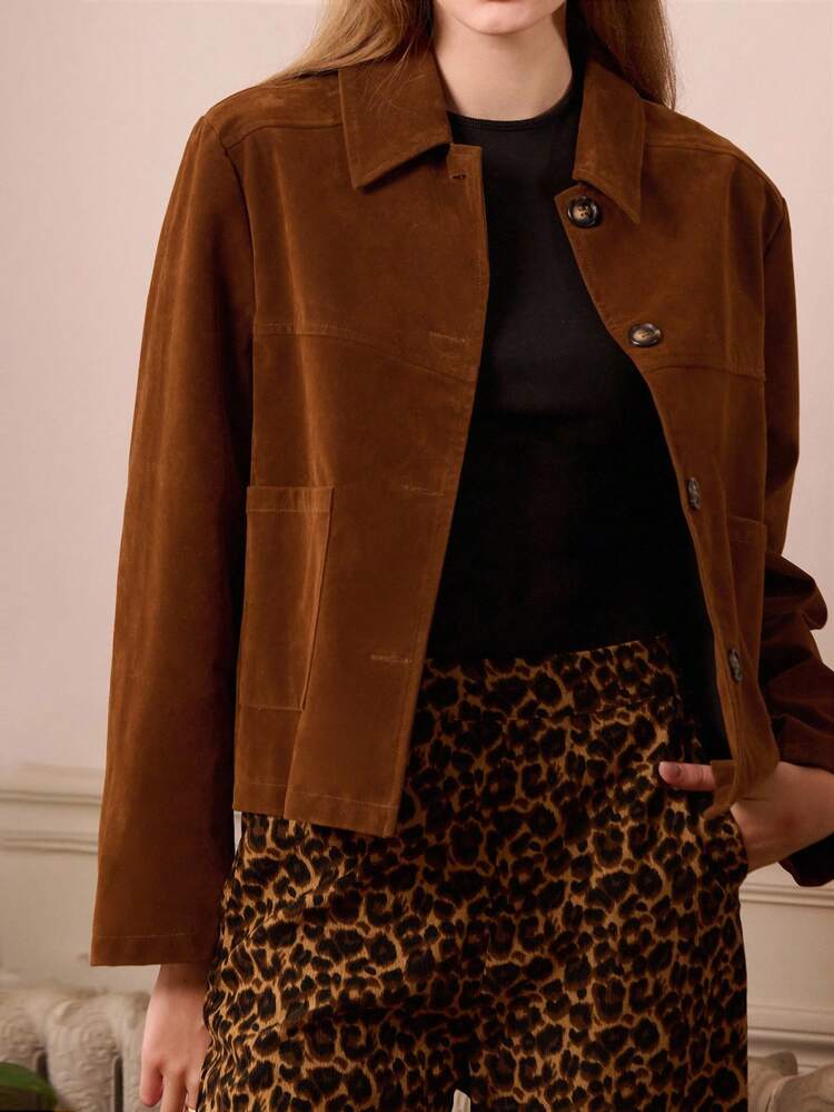 Camel Suedette Jacket With Front Patch Pockets Spring Spring Summer Jacket Office Premium Jacket