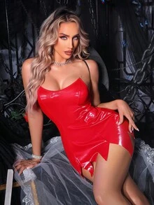 Fantasy Costume Fantasy Costume 4pcs Halloween Bat Elf Cosplay Asymmetrical Hem Winged PU Patchwork Dress + G-String + Wings + Headpiece, Charming Sexy Women Lingerie Costume - Burgundy - View 5