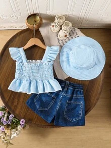 SHEIN 3pcs/Set Girls Fashion Outfit: Striped Top, Hooded Pullover, Faux Denim Pants With Bow Design, Suitable For Stylish Casual And Holiday Wear Young Girls Sets Summer - Multicolor - View 2