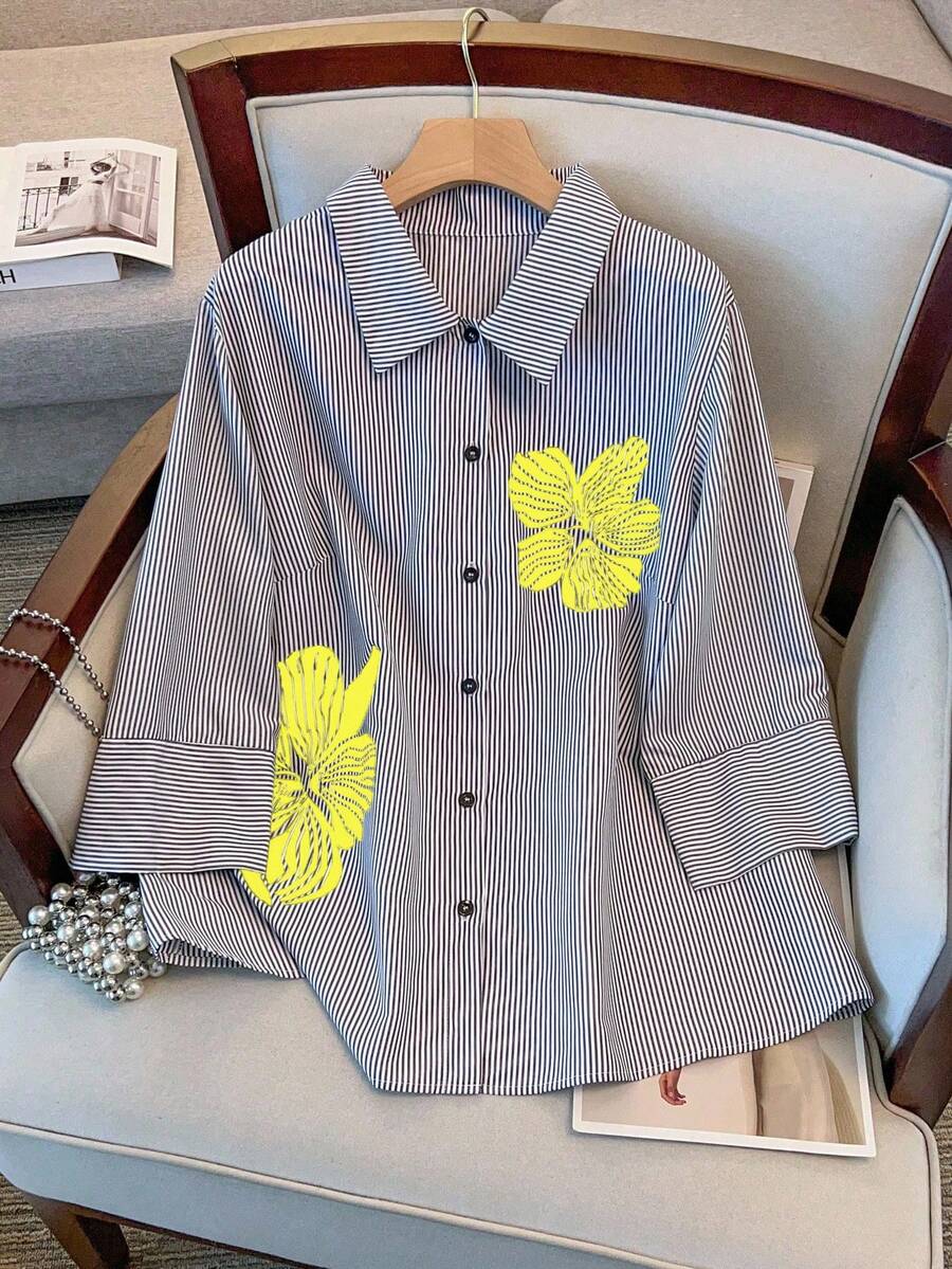 SHEIN Clasi 大码休闲黑白条纹花卉印花衬衫 - 黃色 - 查看 1