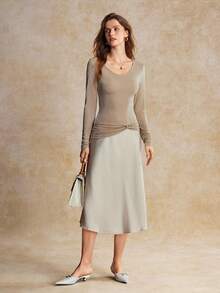 House of One Glittery Knit Round Neck Long Sleeves Top With Metal Buckle Deco Women Autumn Elegant Wear - Khaki - View 6