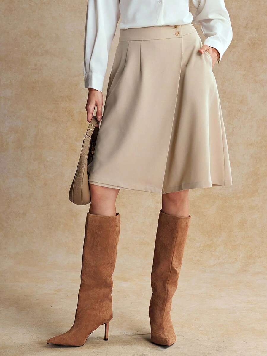 House of One Wrapped Loose Fit High-Waist Slant Pockets Solid Woven Women Mid Shorts Autumn Casual Wear