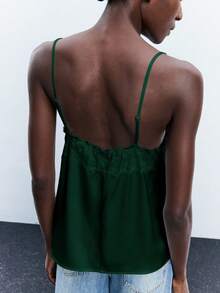 Maija Damski, kontrastowy, koronkowy, regulowany top na cienkich ramiączkach, elegancki, romantyczny, szykowny, wygodny, swobodny, odpowiedni do pracy, na wakacje, Boże Narodzenie, imprezę halloweenową, ciemnozielony top, zielony top, damski, zielony top na lato, szmaragdowozielony top, ekskluzywny, elegancki, staromodny strój na rejs dla gości weselnych