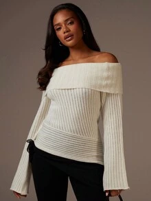 Athîral 女士纯色露肩长袖时尚毛衣，秋季 - 白色 - 查看 4