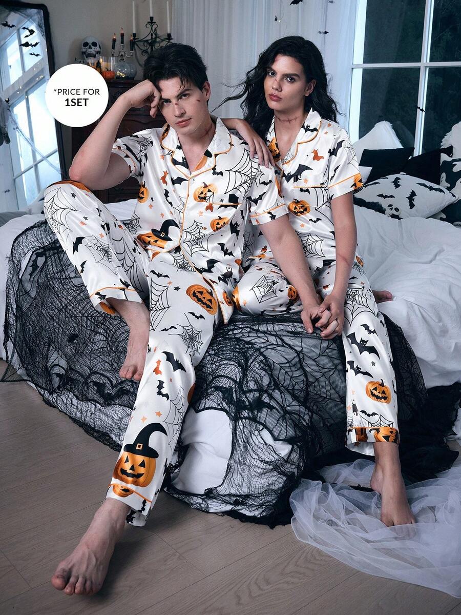 Zestaw piżamowy CoupledUp na Halloween z nadrukiem dyni i nietoperza, z satyny, z krótkim rękawem i klapami, dla mężczyzn