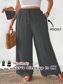 SHEIN CURVE+ 大码女式夏季休闲沙滩裤，时尚商务通勤优雅阔腿裤，带口袋，夏季裤装，适合夏季/乡村/海滩度假/沙滩/沙滩装 - 深灰色 - 查看 1