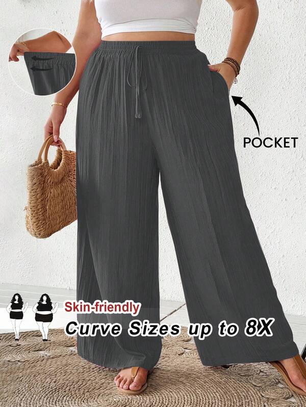 SHEIN CURVE+ Plus Size Women Summer Casual Beach Outfits, Fashion Business Commute Elegant Wide-Leg Pants With Pockets, Lotus Pink,Summer Pantssummer/Country/Beach Vacation Outfits/Beach Outfits/Beach Wear