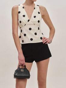 SHEIN LUNE Áo hai dây cổ chữ V chấm bi in họa tiết thường ngày cho nữ mùa hè - Màu be - Xem 4