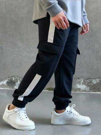 SHEIN Young Boys' Casual Loose Black & White Ribbon Pocket Cargo Sweatpants, Versatile For School, Home, Daily Wear, Sports, Birthday Party, Outings - All-Match & Minimalist Fall Winter