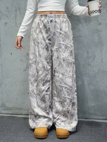 SHEIN Teen Girls Green Leaf Print Waistband Contrast Trim Loose Pants, Casual, Unisex, Outdoor Fall Winter