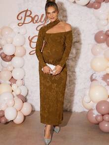 Loomaby Maternity Oblique Shoulder Stand Collar Long Sleeve Jacquard Fitted Elegant Dress Long Brown Dress Brown Wedding Guest Dress Earth Tone Dress Brown Maternity Dress Cutout Dress  Dress Gender Reveal Dress Maternity Dress Baby Shower Dress - Olive Green - View 4