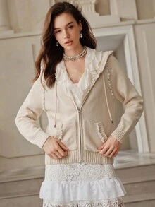 SHEIN Unity Classic Solid Color Zip-Up Hooded Knit Cardigan, Suitable For Fall, Autumn, Winter, Elegant, Chic, New Year, Casual, Christmas - Apricot - View 6