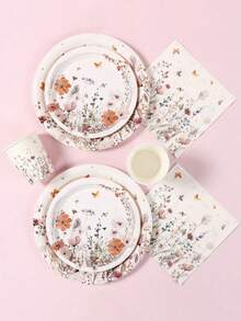 40 件/套野花主题派对装饰一次性餐具，水彩野花蝴蝶派对餐具套装，包括 8 个 7 英寸和 9 英寸一次性纸盘、8 个纸杯、16 个餐巾纸、纸餐具适合家庭节日派对春季餐具风格生日用品、派对礼物 - 野花主題 - 查看 3