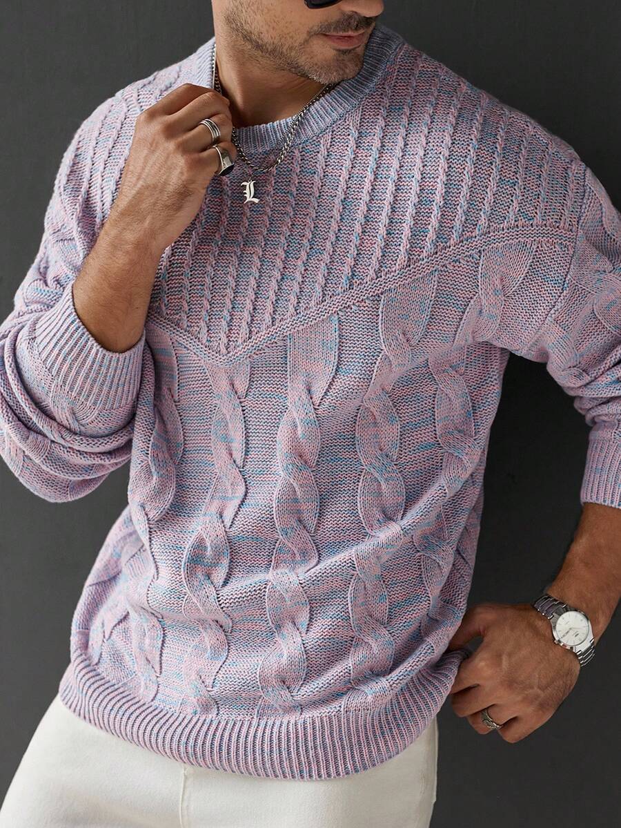 Manfinity Homme Pull col rond à tricot torsadé décontracté pour hommes, automne/hiver