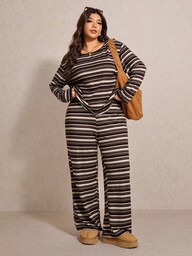 Elaquor Plus Size Casual Striped Crew Neck Long Sleeve Top And Pants 2 Pieces Set, Autumn Lounge Sets Plus Size Brown Sets, Winter Sets For Women Plus Size Pants Set