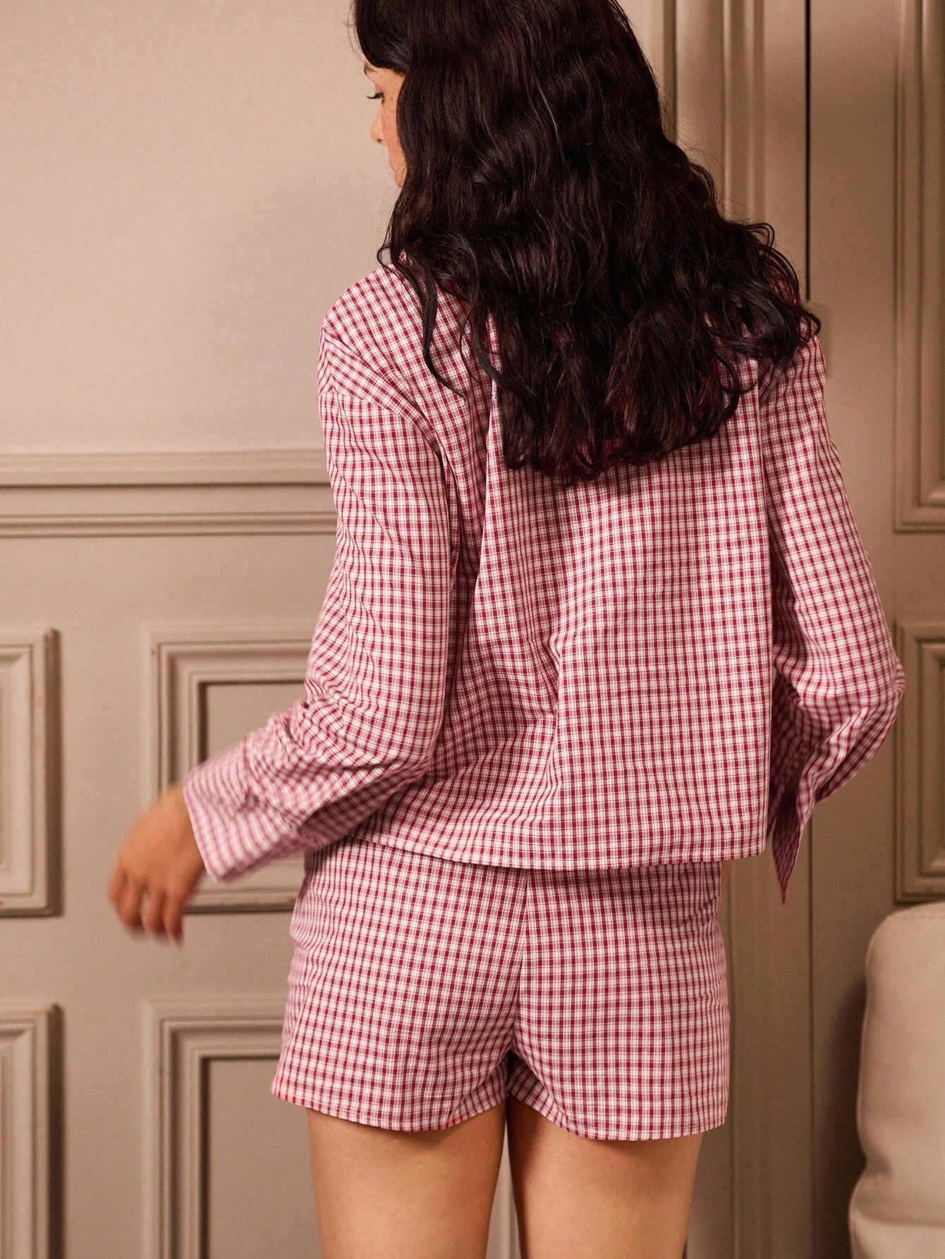 Red And White Checkered Pajama Set Featuring A Long-Sleeved Button-Up Shirt And Matching Shorts Spring Women Clothes Spring Summer