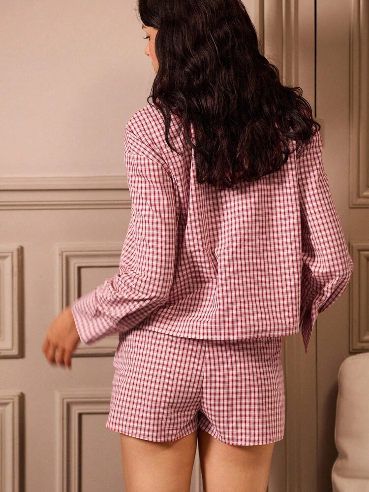 Red And White Checkered Pajama Set Featuring A Long-Sleeved Button-Up Shirt And Matching Shorts Spring Women Clothes Spring Summer
