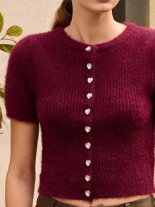 lacRébo Vintage Style Burgundy Soft Fluffy Knit Crop Cardigan With Crystal Heart Buttons Fall Spring Summer Elegant Burgundy Top - Red - View 6
