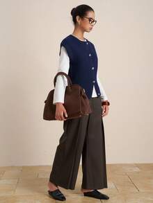INAWLY Women's Casual Solid Color Button Sweater Vest - Navy Blue - View 2