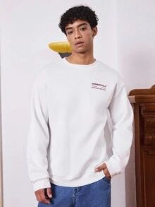 SWAVVY Wax Seal Round Seal Pattern Print Men's Round Neck Ribbed Design Loose Long Sleeve Sweatshirt, Fall, Winter - White - View 2