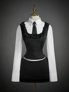 SHEIN ICON Bộ 3 món dành cho nữ: Áo không tay viền bèo nhún màu trơn, áo sơ mi dài tay và chân váy ôm sát - Đen và trắng - Xem 3