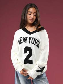 SUMWON V-Neck Oversized Knit Sweater With New York Varsity Lettering And Number Fall Winter - Black and White - View 5