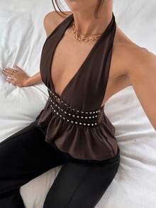 Siren Gaze New Summer Rivets Waistline Design Halter Top For Women Party Chic Brown - Brown - View 3
