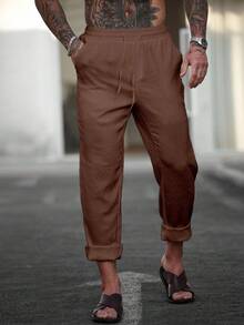 Manfinity Homme Men's Solid Color Waist Tie Pocket Straight Leg Casual Pants, For Fall - Camel - View 4