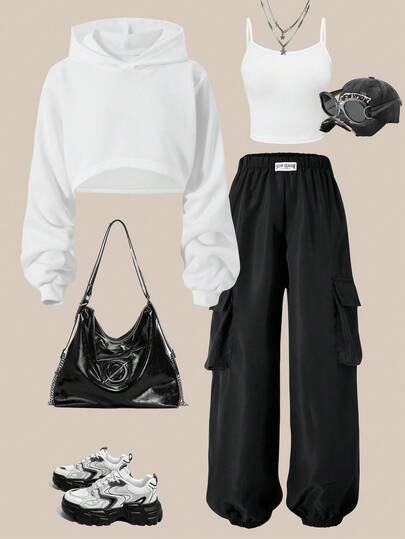SHEIN Explorewe 3件套青少年女孩短款白色长袖连帽衫，黑色工装裤，白色吊带背心。时尚百搭，适合秋冬，室内外均可穿着，演唱会服装