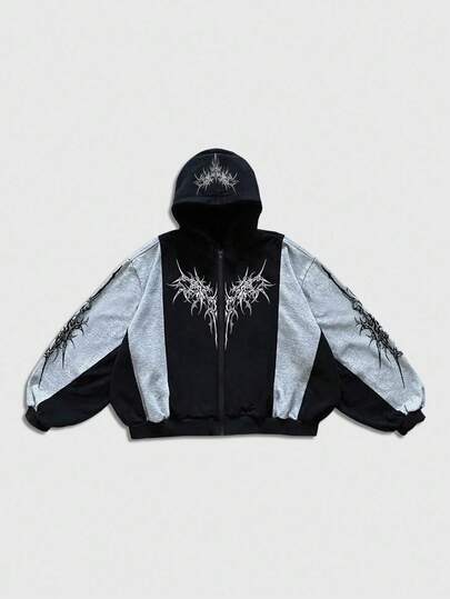 Street Life Men's Colorblock Gothic Print Zip-Up Hoodie Sweatshirt, Fall