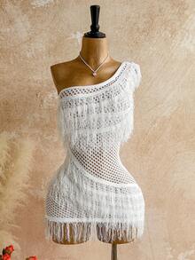 Soleia 秋冬款女士不对称领口修身迷你连衣裙（一件） - 白色 - 查看 4