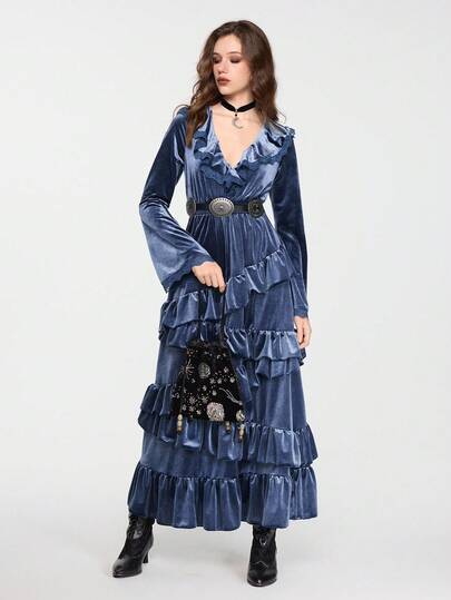 EDITION Women's Mysterious Dark Night Witch Style Vintage Lace Patchwork Ruffle Hem Deep V Sexy Extra Long Dress