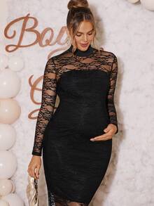 Loomaby Elegant Maternity V-Neck Lace Slit Hem Fitted Dress,Black Maternity Dress,Gender Reveal Dress,Maternity Dress, Baby Shower Dress - Black - View 4