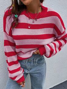 EMERY ROSE 休闲宽松落肩拼色条纹毛衣，秋/春条纹毛衣女款红粉条纹毛衣女款条纹套头衫条纹套头衫女款灯笼袖毛衣 - 彩色 - 查看 8