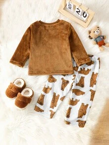 2 件套男婴卡通熊刺绣舒适休闲家居服套装，冬季