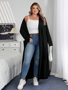 SHEIN CURVE+ Curve 大码/秋装/秋季女装/女冬装/冬装大码休闲日常纯橙色宽松口袋长款开衫毛衣外套，女装，春秋秋季女装，冬季，CURVE PLUS 大码开衫大码女装 8xl 女装 Curve 秋装 - 黑色 - 查看 7