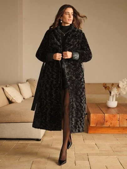 Anewsta Women's Reversible Casual Waist Cinched Faux Fur Coat, Suitable For Fall, Winter, Going Out, Elegant, Chic, Formal, Christmas