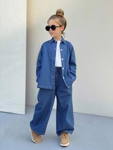 SHEIN 2件套女童蓝色牛仔休闲衬衫和宽松裤子套装 - 中等水洗藍 - 查看 4